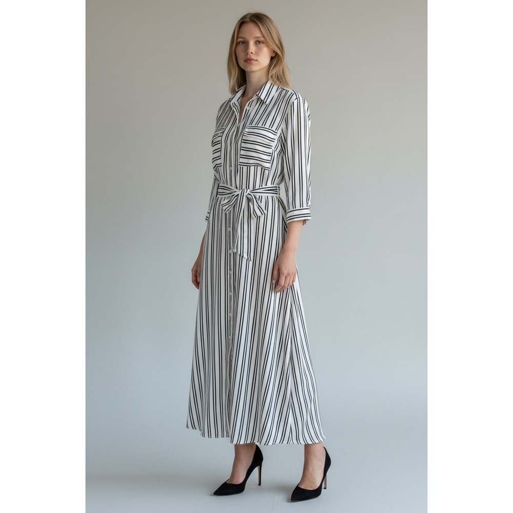 Banana Republic Striped Maxi Shirt Dress Size 8 Navy White Belted Button Front